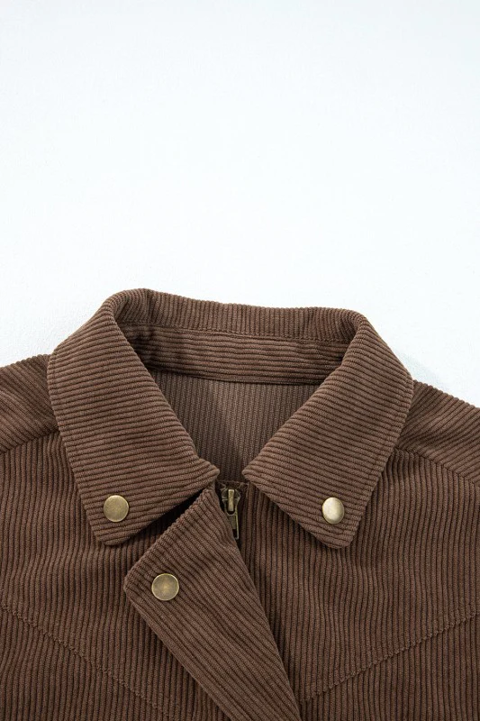 Solid Corduroy Lapel Collar Zip-Up Buttoned Jacket - Image 8