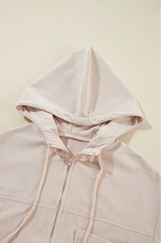 Solid Corduroy Zip-Up Pocketed Hooded Jacket - Image 8