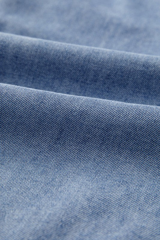 Solid Denim Pleated Bow Tie Puff Sleeve Top - Image 9