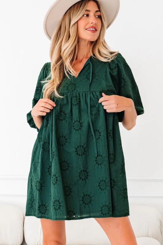 Solid Embroidered Eyelet 3/4 Sleeve Mini Dress - Image 5