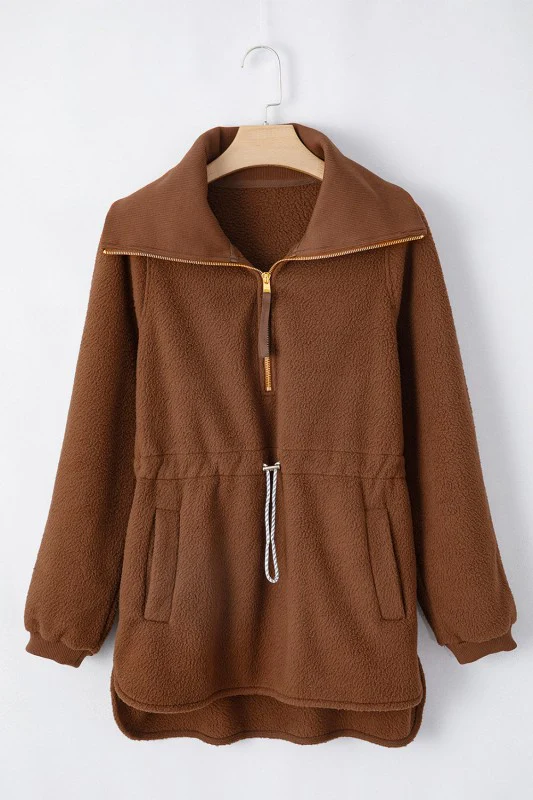 Solid Half-Zip Fleece Pocketed Sweatshirt - Image 4