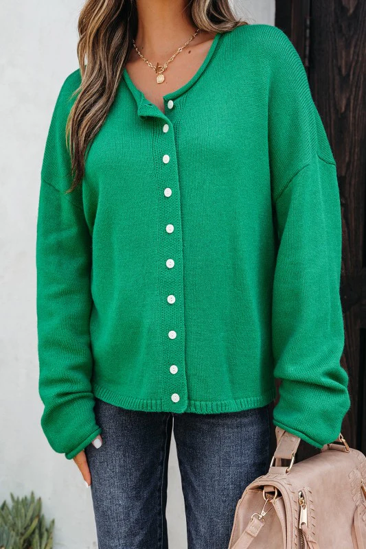 Solid Knit Button-Up Drop Shoulder Sweater Cardiga - Image 5