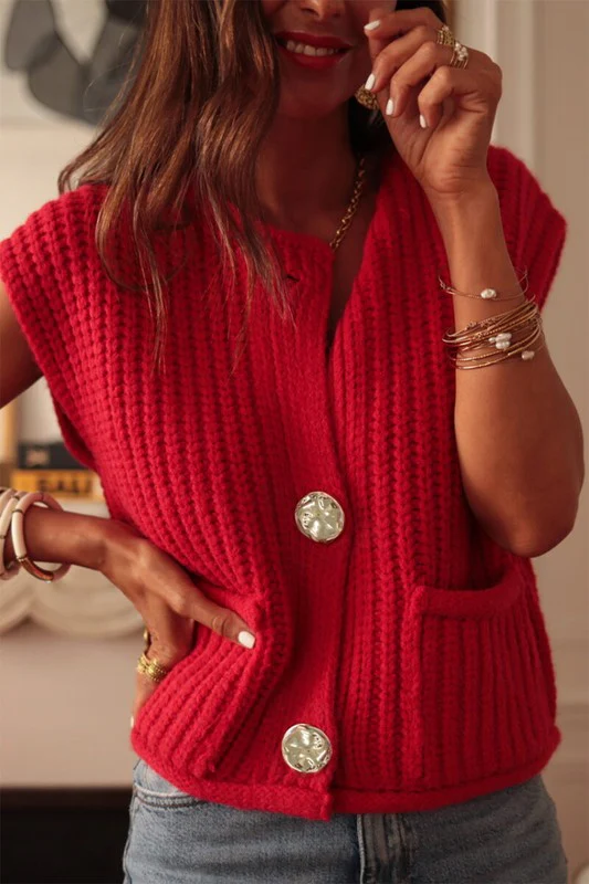Solid Knit Side Pockets Buttoned Sweater Vest - Image 5