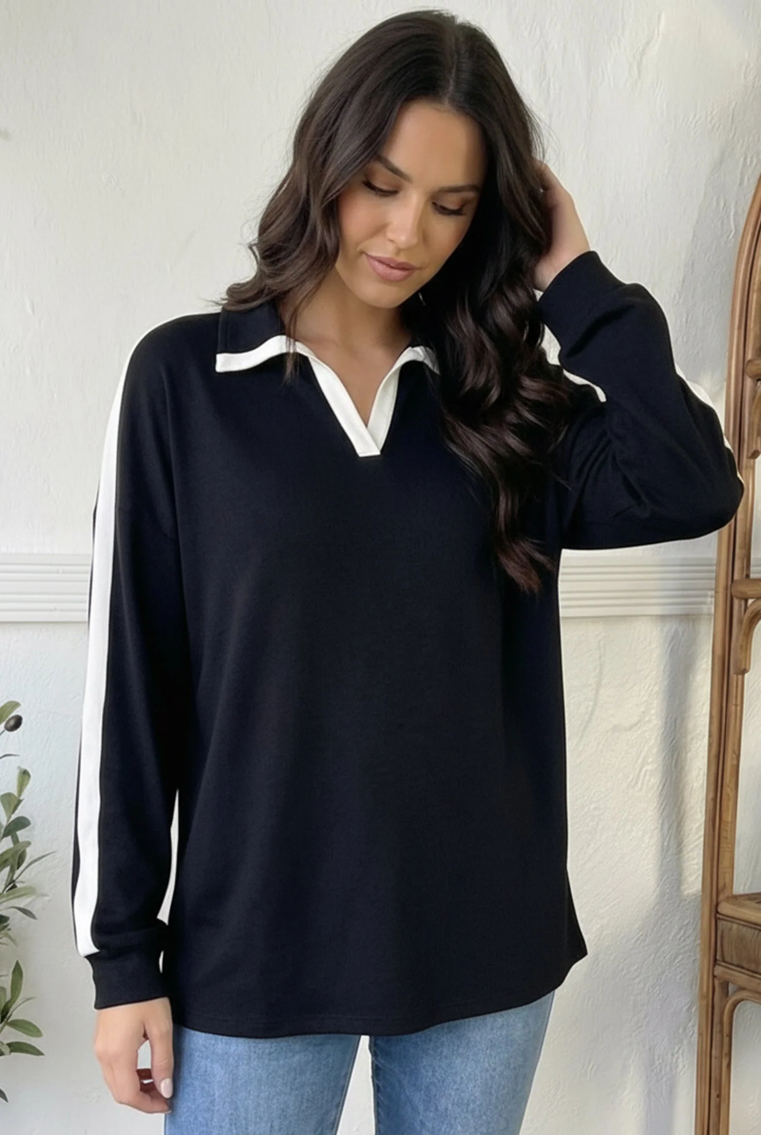 Varsity Vibes Notched Collar Black Top - Image 5