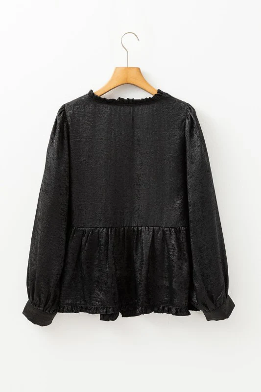 Solid Metallic V-Neck Puff Sleeve Babydoll Blouse - Image 10