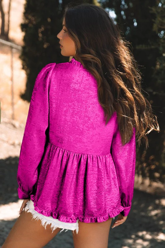 Solid Metallic V-Neck Puff Sleeve Babydoll Blouse - Image 14