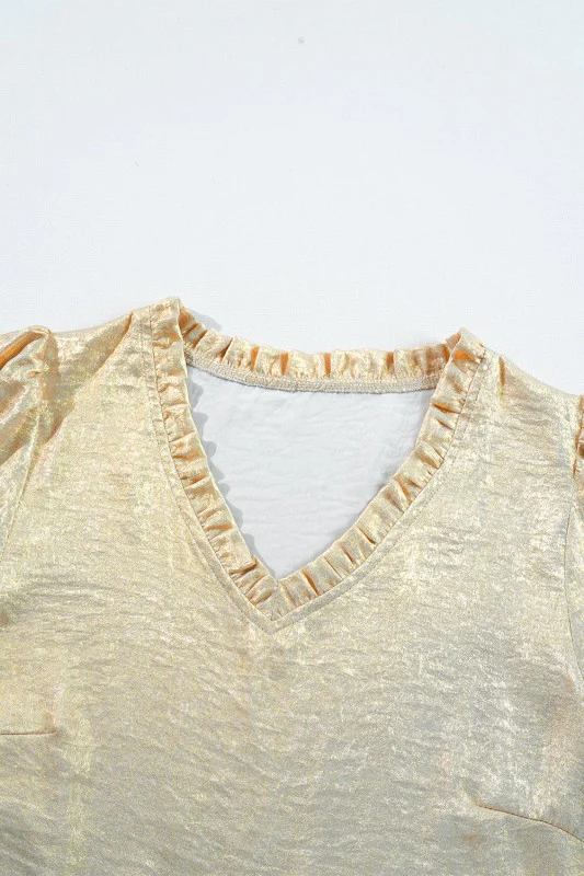 Solid Metallic V-Neck Puff Sleeve Babydoll Blouse - Image 5