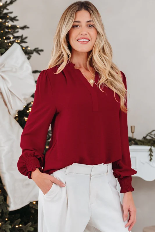 Solid Notched Neck Shirred Cuff Long Sleeve Blouse - Image 3