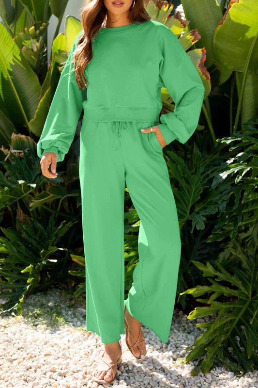 Solid Puff Sleeve Top and Drawstring Pants Set - Image 23
