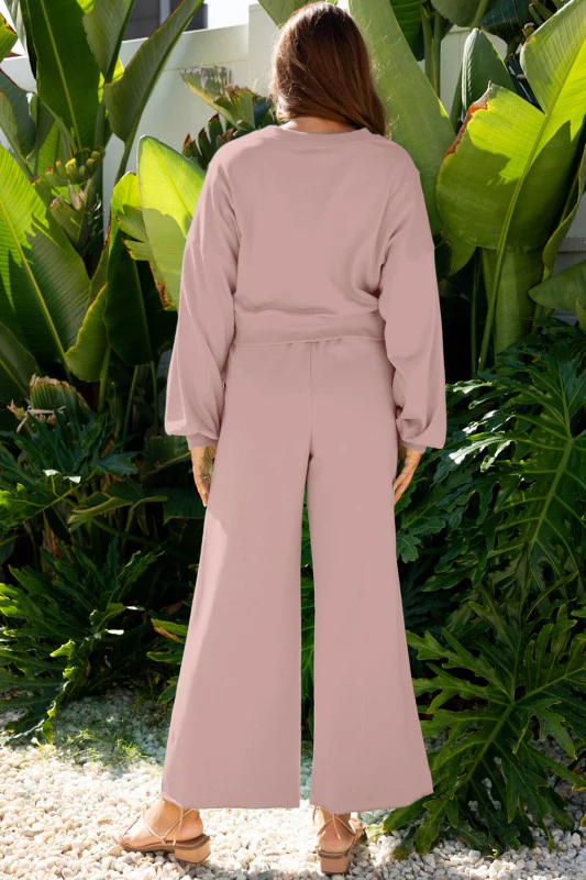 Solid Puff Sleeve Top and Drawstring Pants Set - Image 9