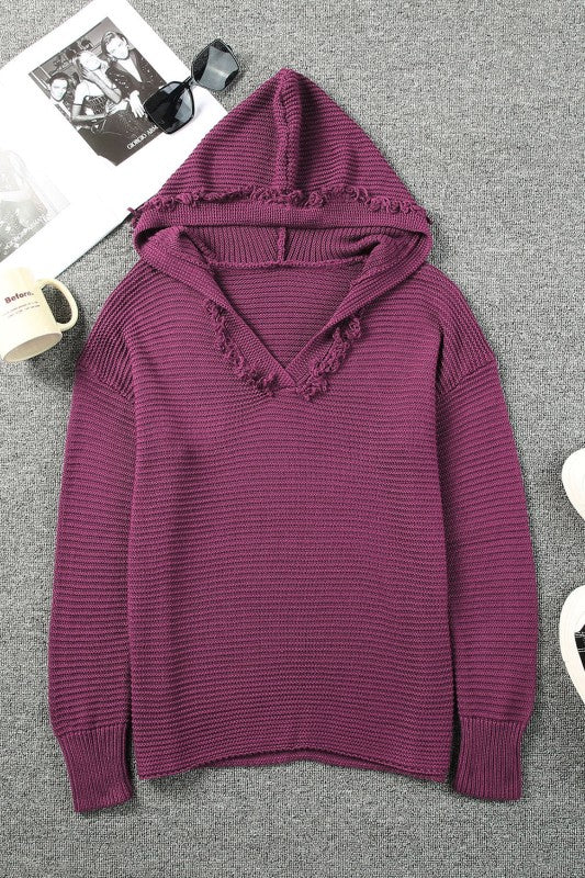 Solid Ribbed Drop Shoulder Hooded V-Neck Sweater - Image 3