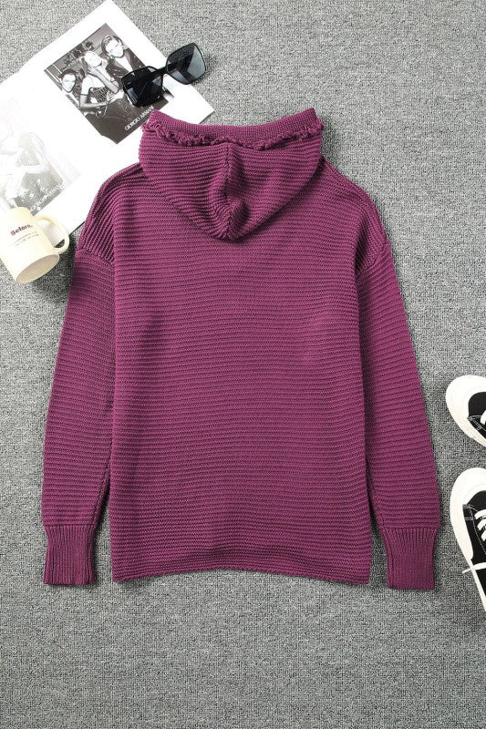 Solid Ribbed Drop Shoulder Hooded V-Neck Sweater - Image 4