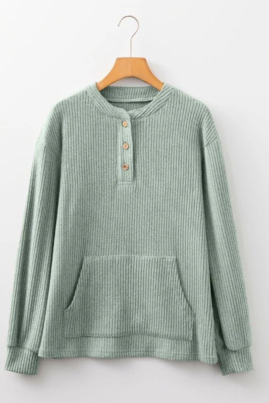 Solid Ribbed Knit Drop Shoulder Henley Top - Image 13