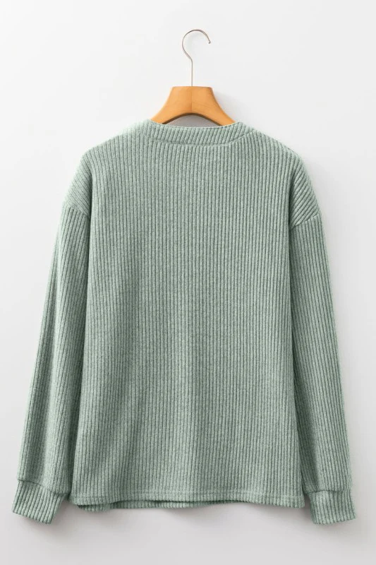 Solid Ribbed Knit Drop Shoulder Henley Top - Image 16