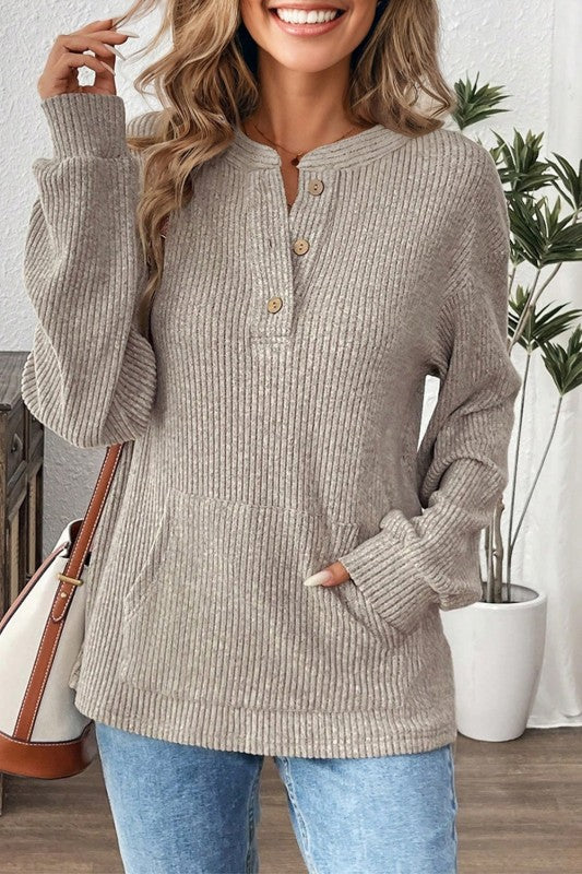Solid Ribbed Knit Drop Shoulder Henley Top - Image 2