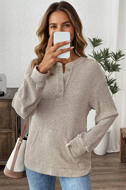 Solid Ribbed Knit Drop Shoulder Henley Top - Image 3