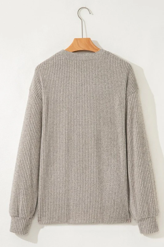 Solid Ribbed Knit Drop Shoulder Henley Top - Image 8