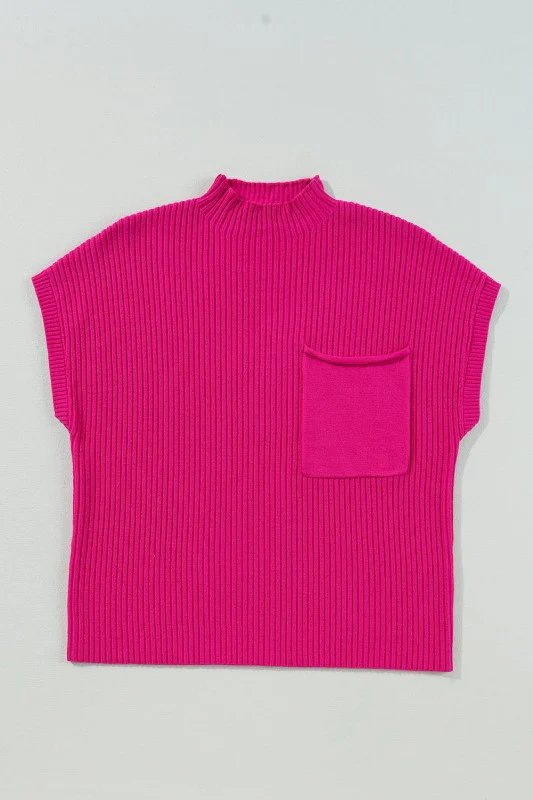 Solid Ribbed Knit Patch Pocket Short Sleeve Sweate - Image 123