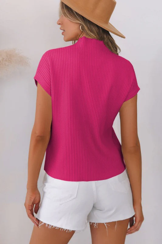 Solid Ribbed Knit Patch Pocket Short Sleeve Sweate - Image 134