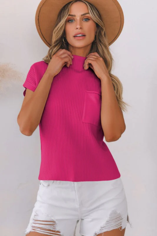 Solid Ribbed Knit Patch Pocket Short Sleeve Sweate - Image 136