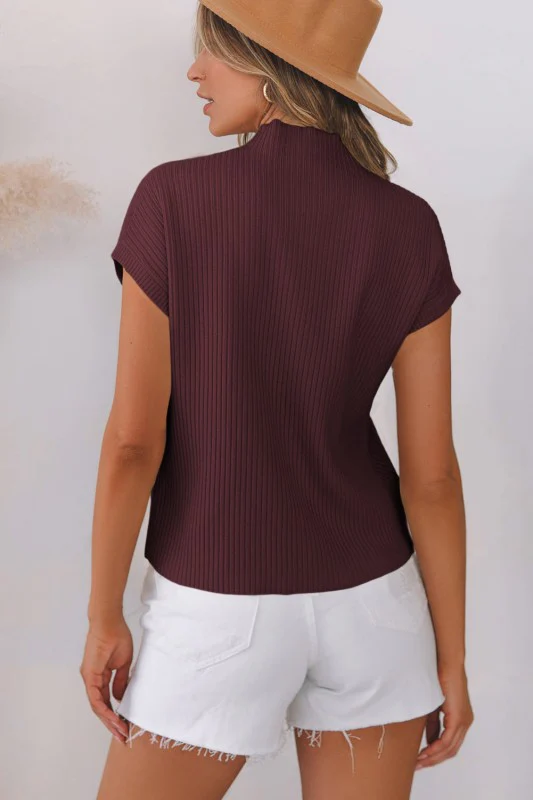 Solid Ribbed Knit Patch Pocket Short Sleeve Sweate - Image 26