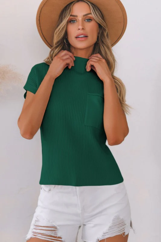 Solid Ribbed Knit Patch Pocket Short Sleeve Sweate - Image 35
