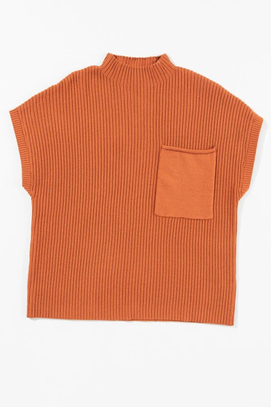 Solid Ribbed Knit Patch Pocket Short Sleeve Sweate - Image 5