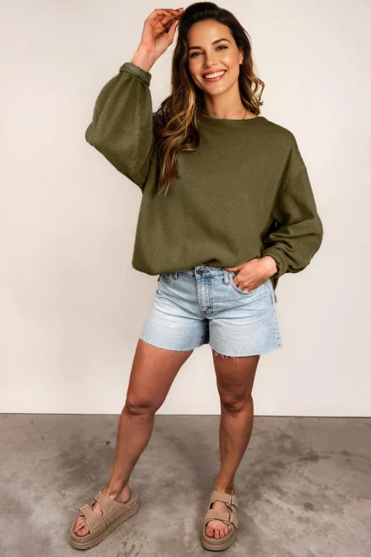 Solid Ribbed Knit Patchwork Long Sleeve Top - Image 2