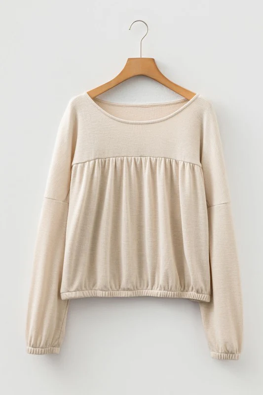 Solid Ribbed Knit Pleated Long Sleeve Top - Image 3