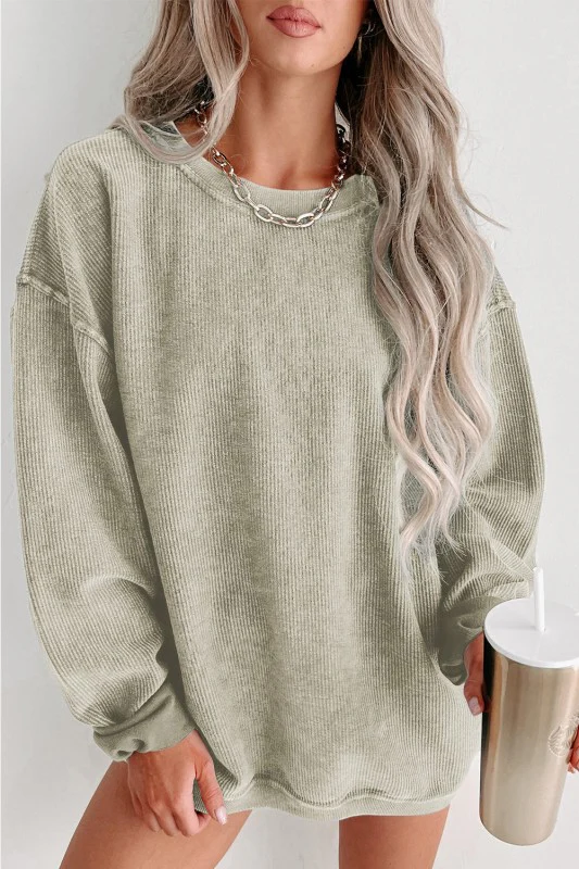 Solid Ribbed Knit Round Neck Pullover Sweatshirt - Image 21