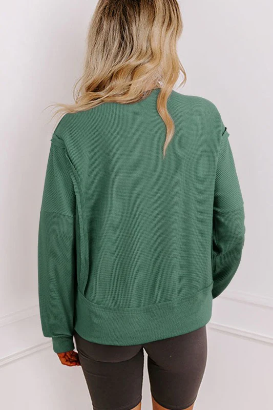 Solid Ribbed Raw Seam Patchwork Drop Shoulder Swea - Image 2