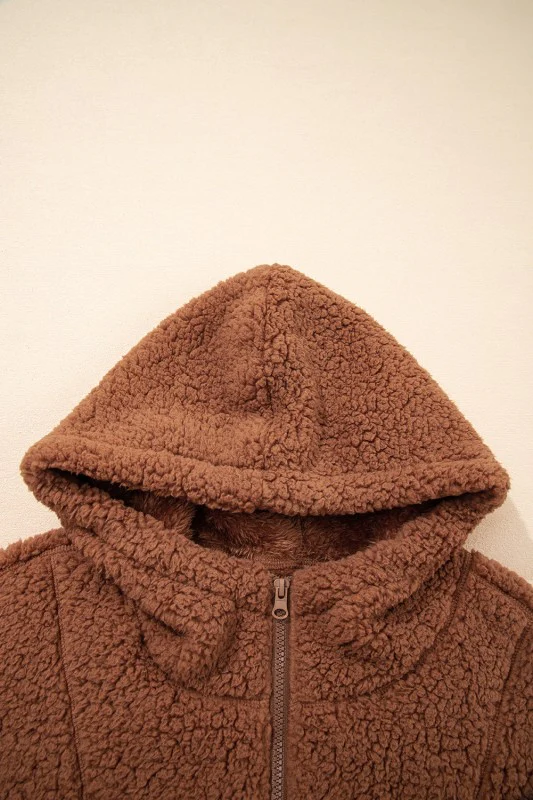 Solid Sherpa Fleece Zip Up Hooded Jacket - Image 8