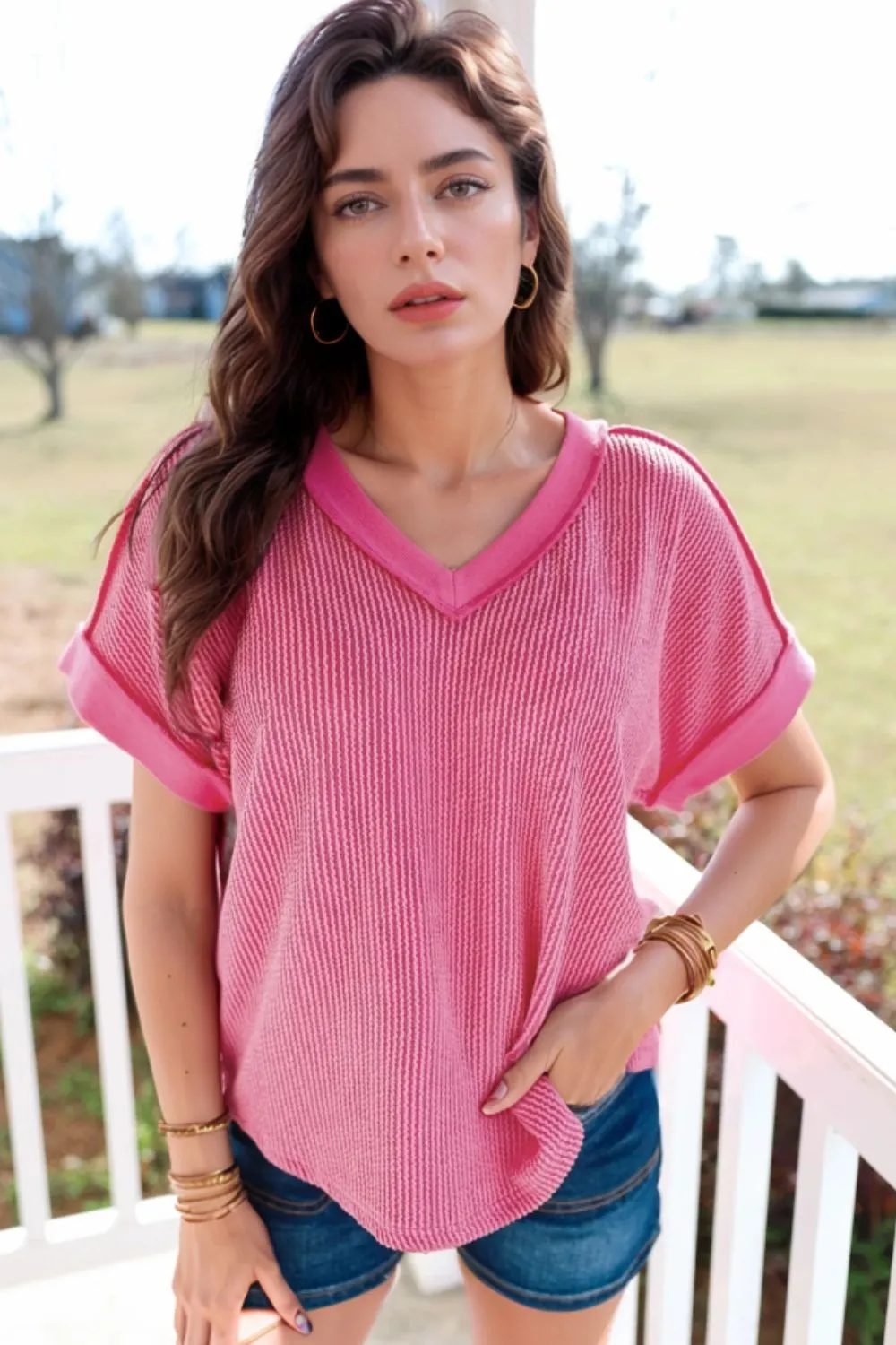 Solid V-Neck Short Sleeve T-Shirt - Image 2