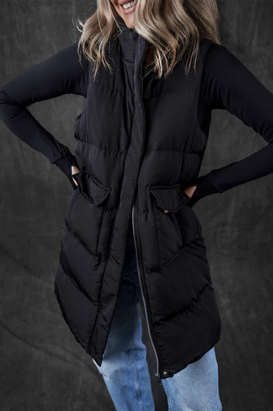 Solid Zip-Up Pocketed Puffer Vest - Image 5