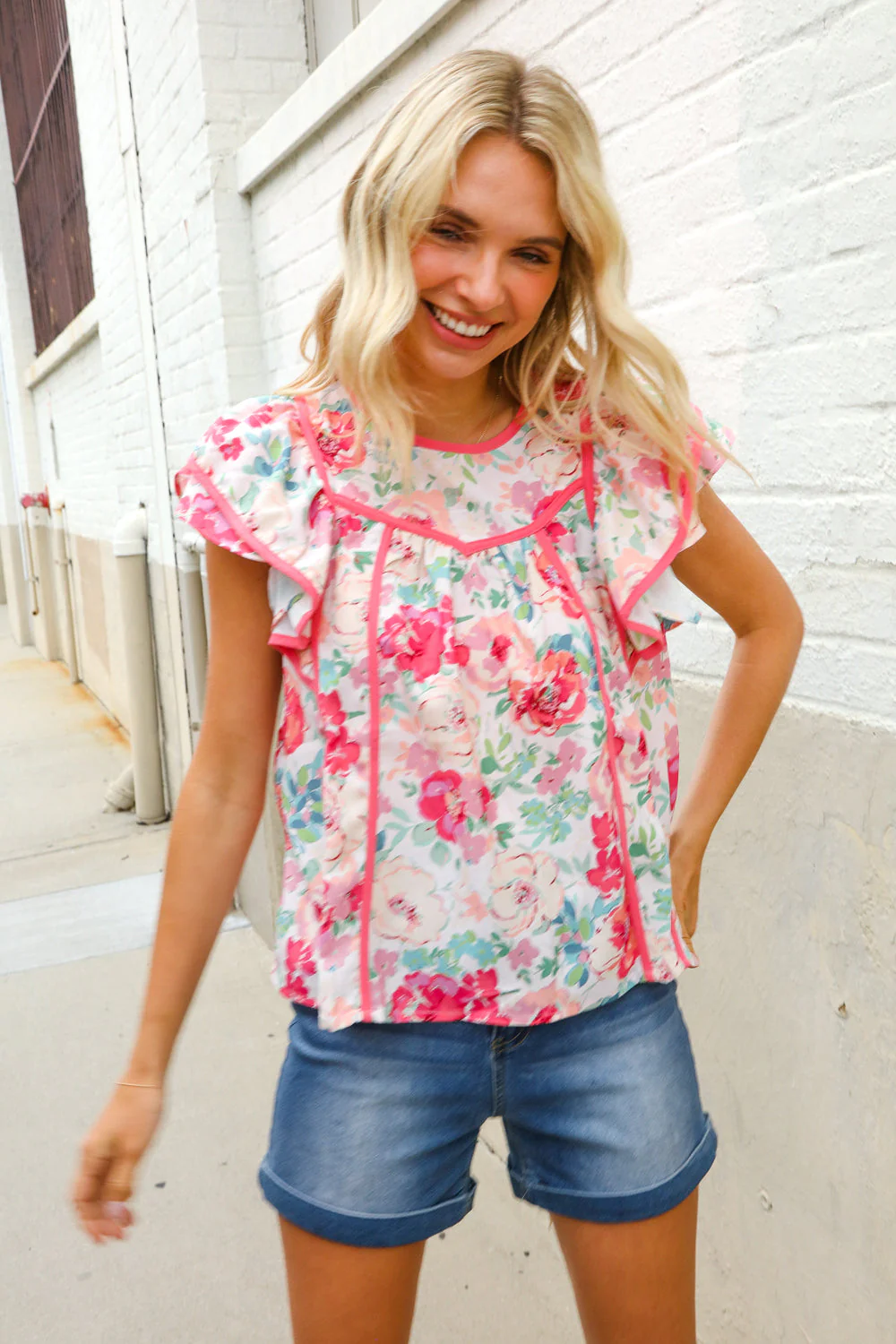 Southern Nights Pink Contrast Binding Floral Flutter Sleeve Top - Image 8