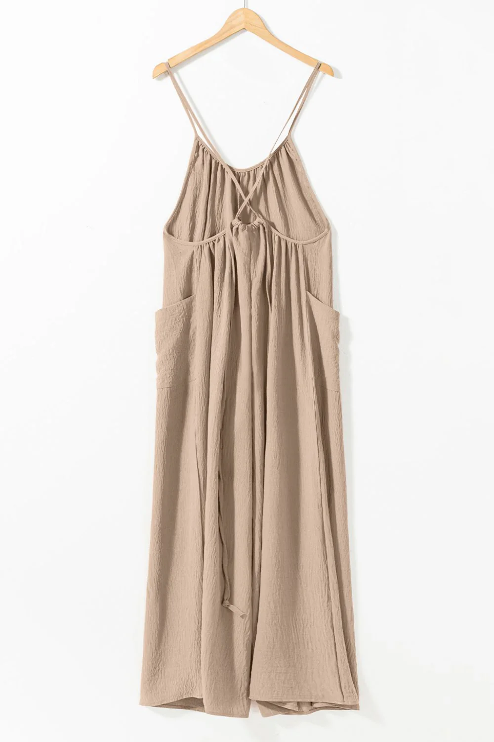 Spaghetti Strap Waist Tie Wide Leg Jumpsuit with Pockets - Image 3