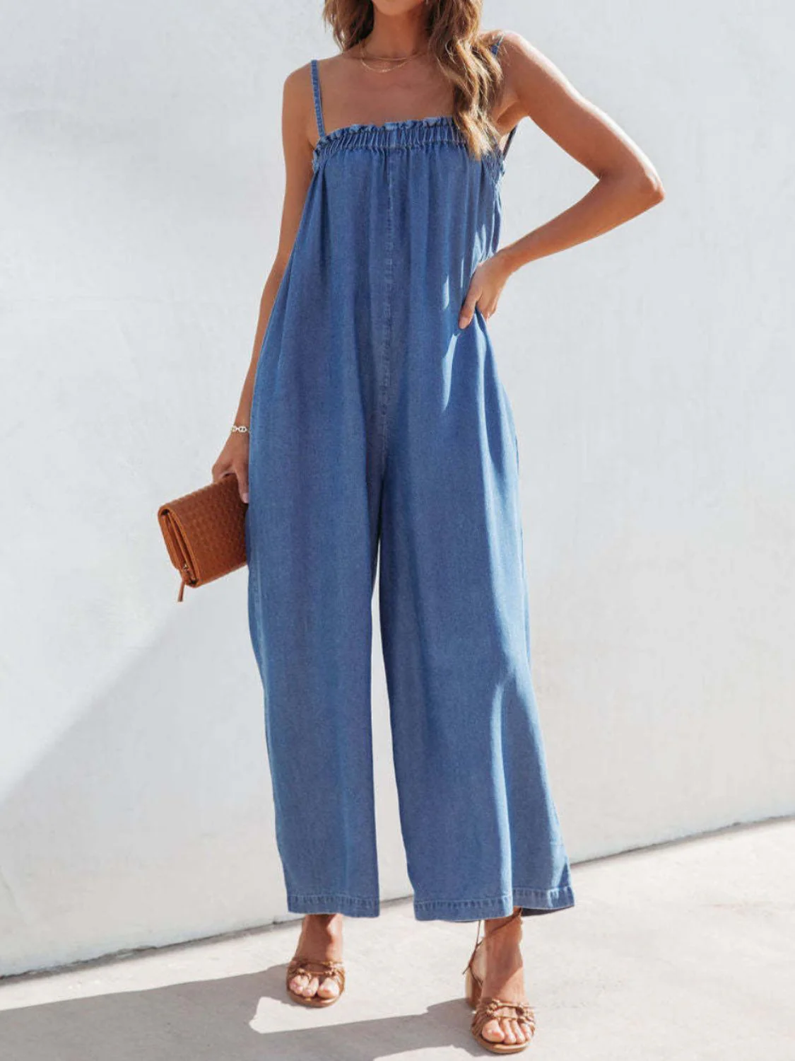 Spaghetti Strap Wide Leg Denim Jumpsuit - Image 4