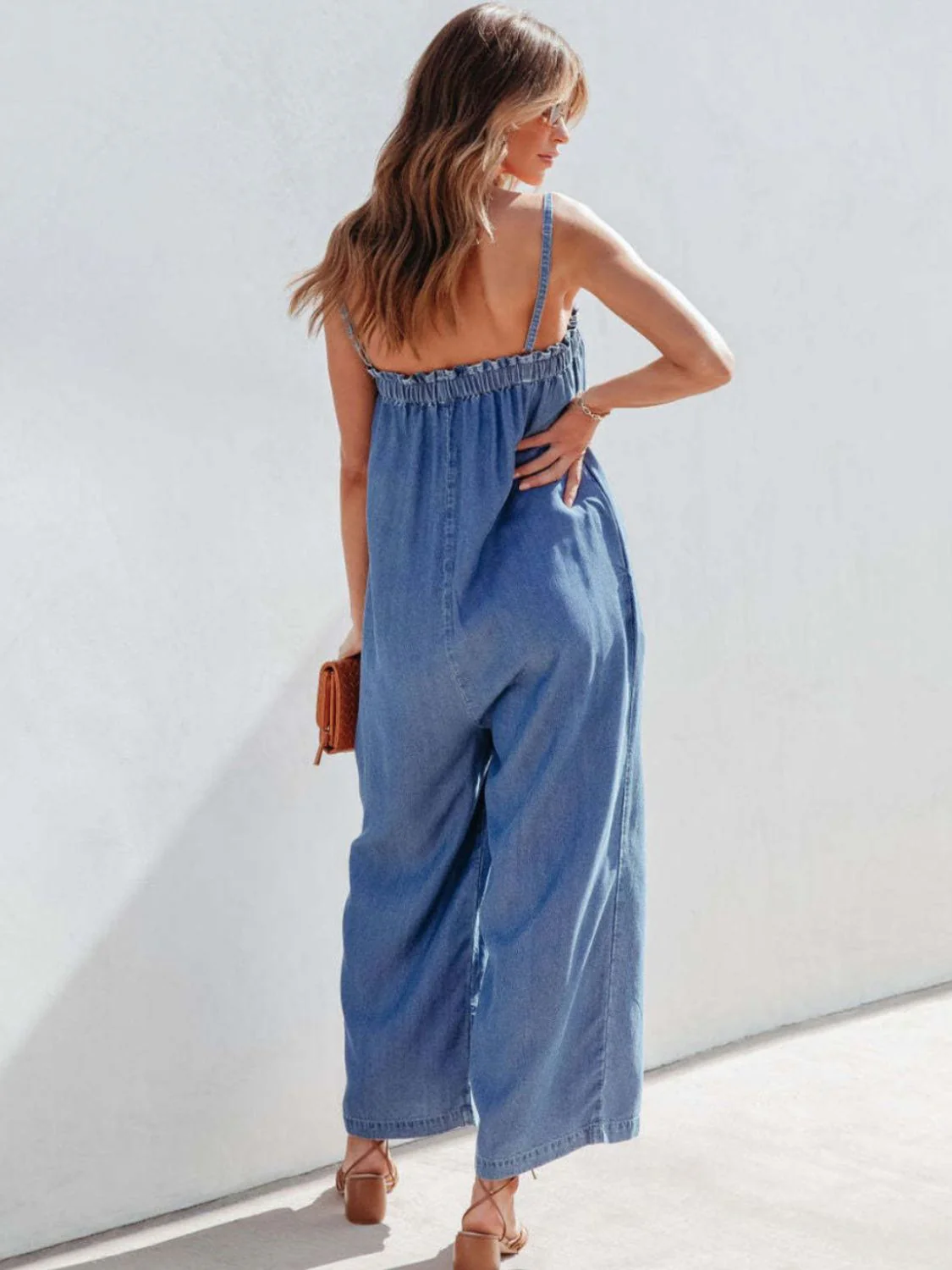 Spaghetti Strap Wide Leg Denim Jumpsuit - Image 6