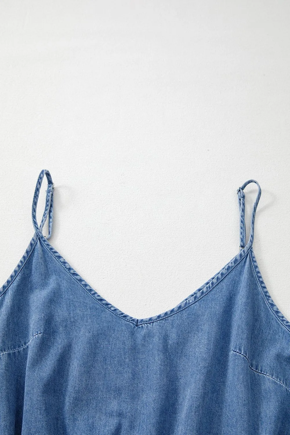 Spaghetti Straps V Neck Belted Ruffled Leg Chambray Romper - Image 6