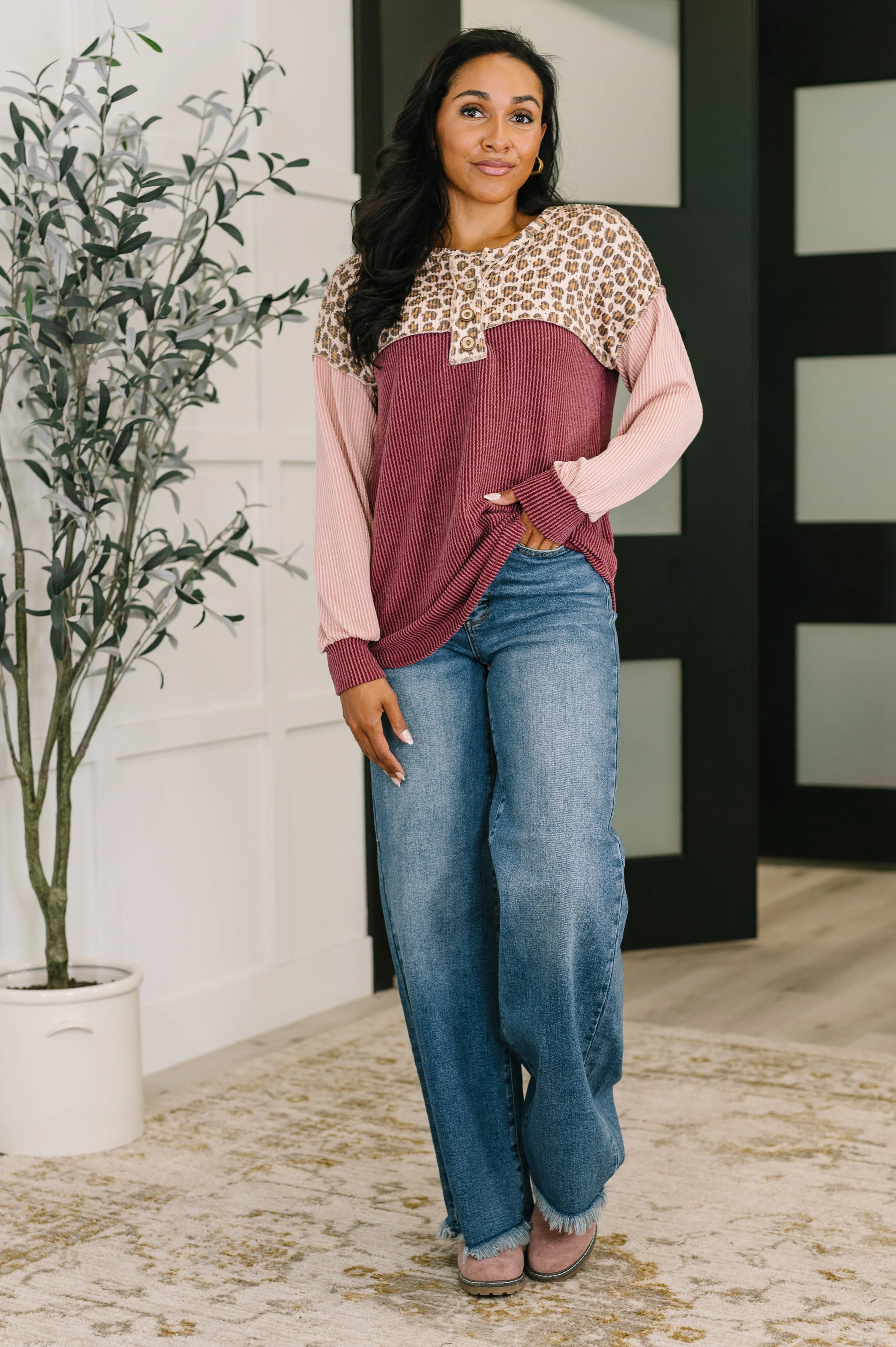 Spotted & Blocked Color Block Henley Top - Image 3