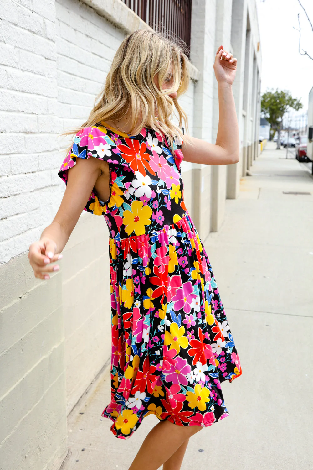 Spread Joy Black & Multicolor Floral Flutter Sleeve Babydoll Dress - Image 2