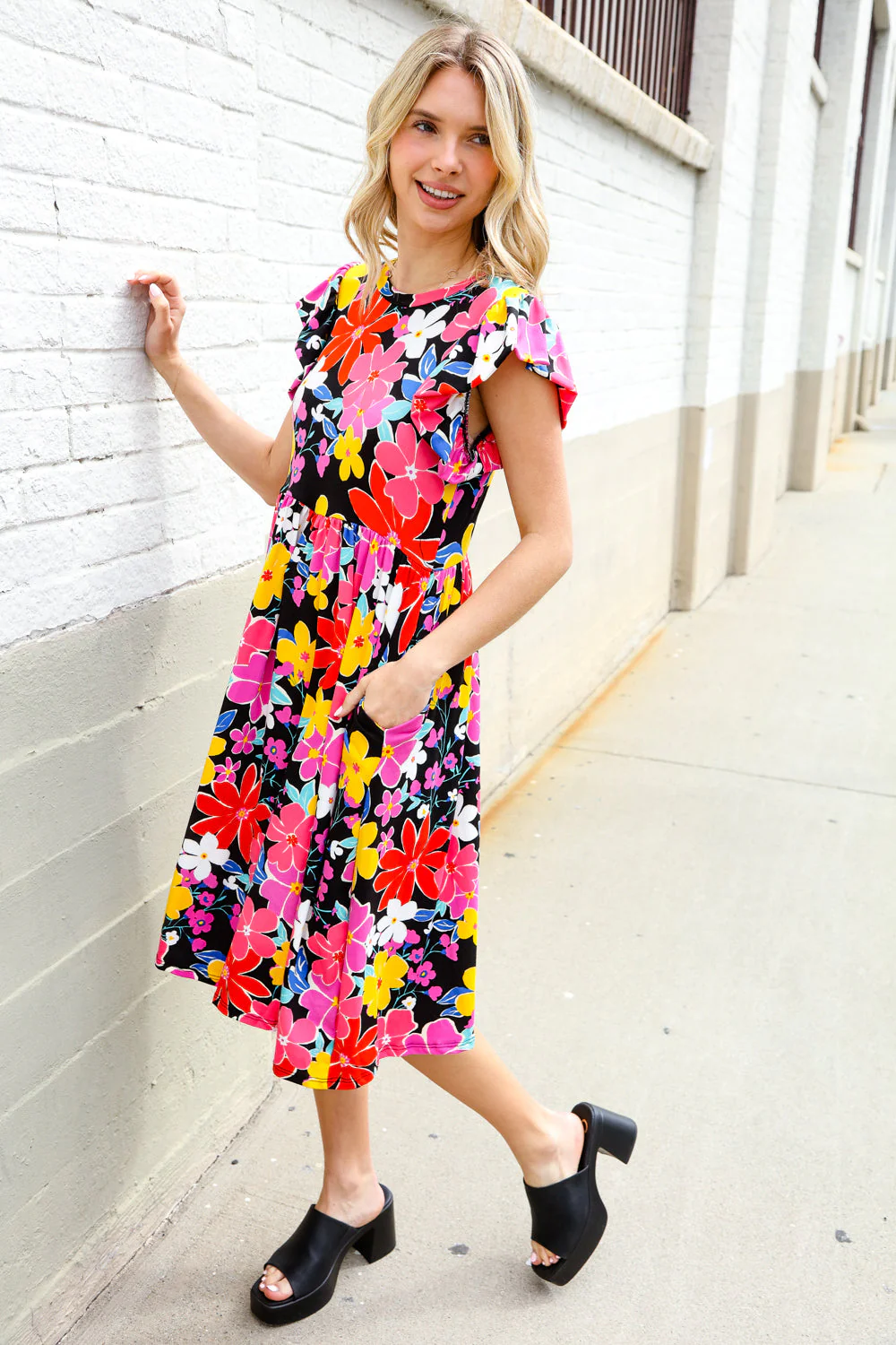 Spread Joy Black & Multicolor Floral Flutter Sleeve Babydoll Dress - Image 7