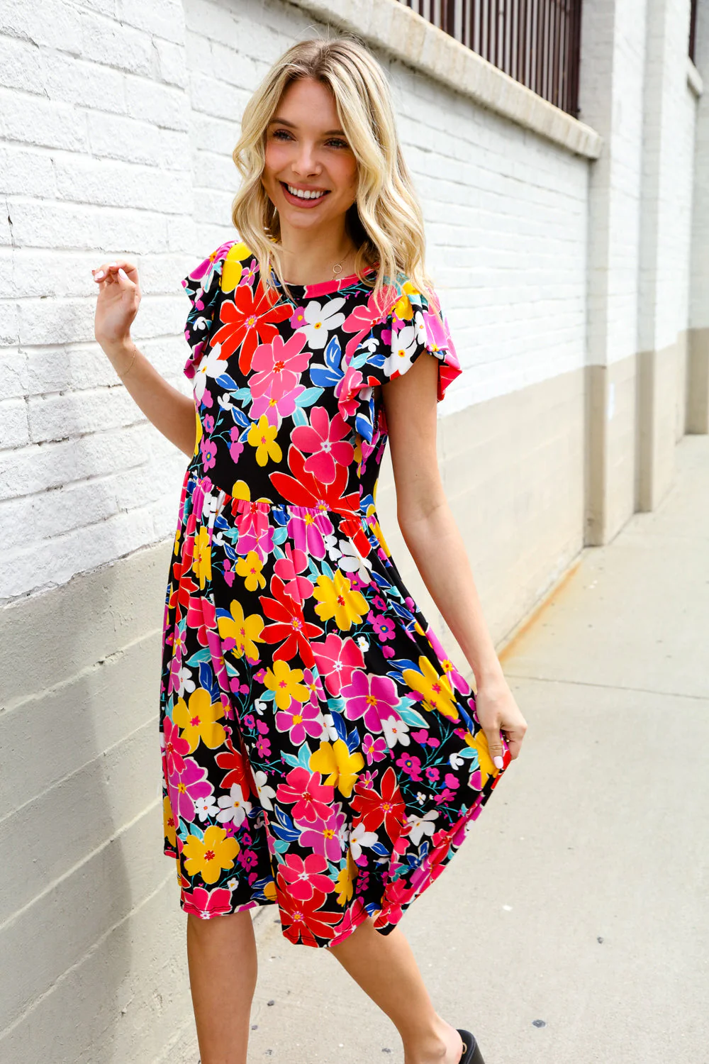 Spread Joy Black & Multicolor Floral Flutter Sleeve Babydoll Dress - Image 9