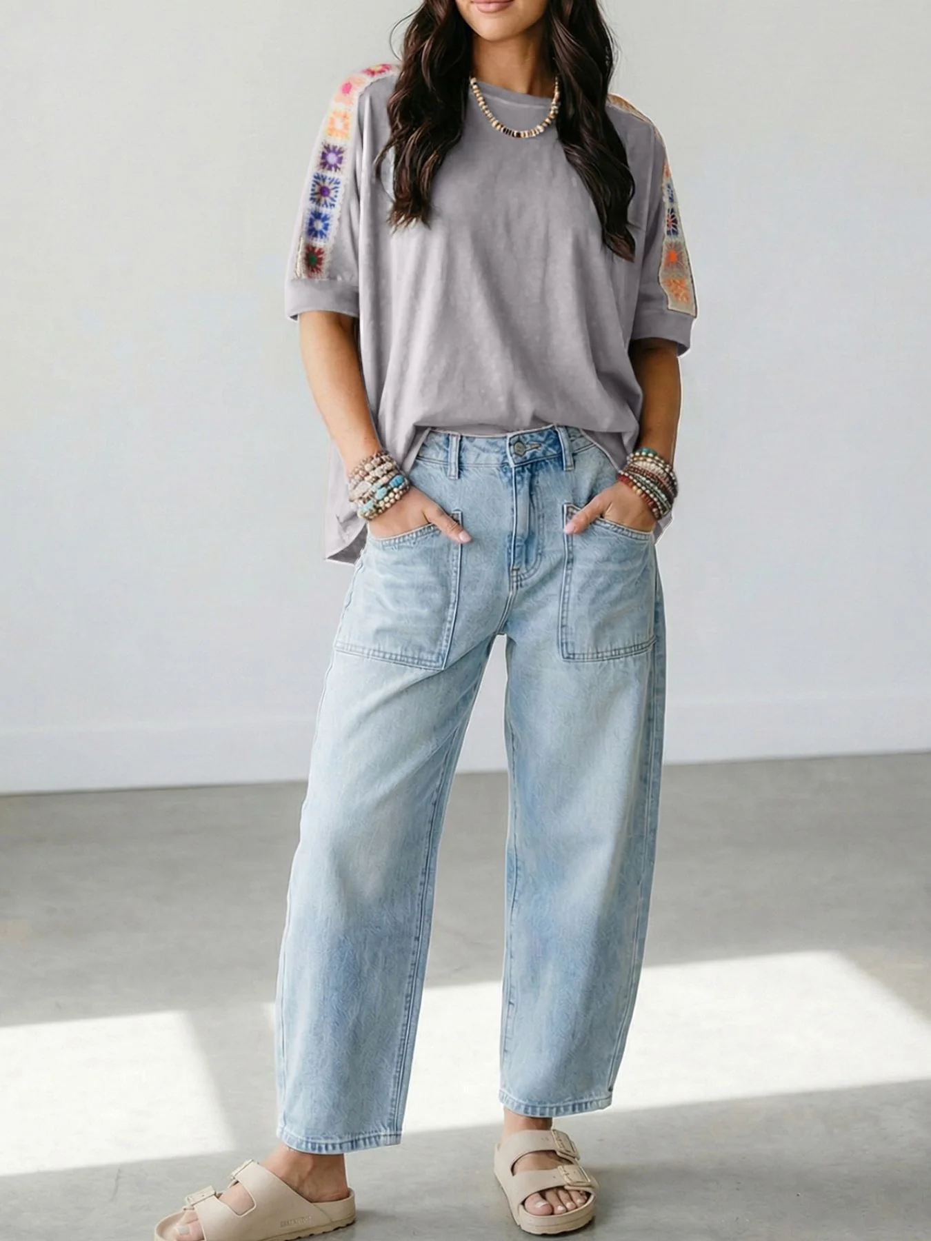 Square Crochet Detail Loose T Shirt - Image 5