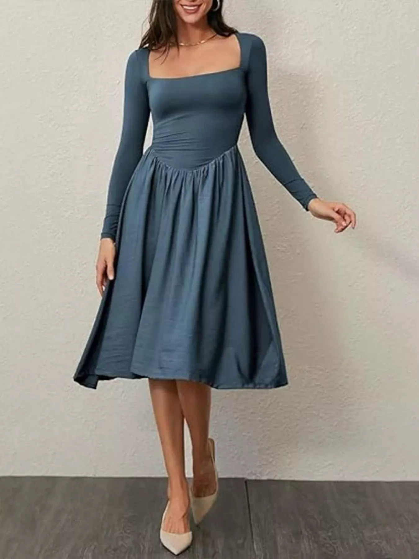 Square Neck Long Sleeve Midi Dress - Image 12