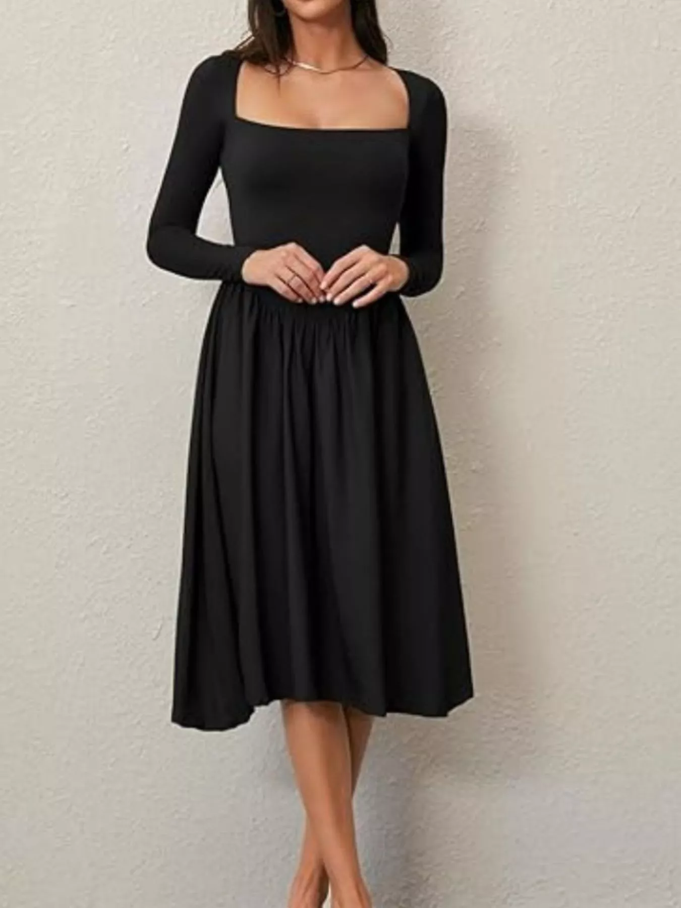Square Neck Long Sleeve Midi Dress - Image 3