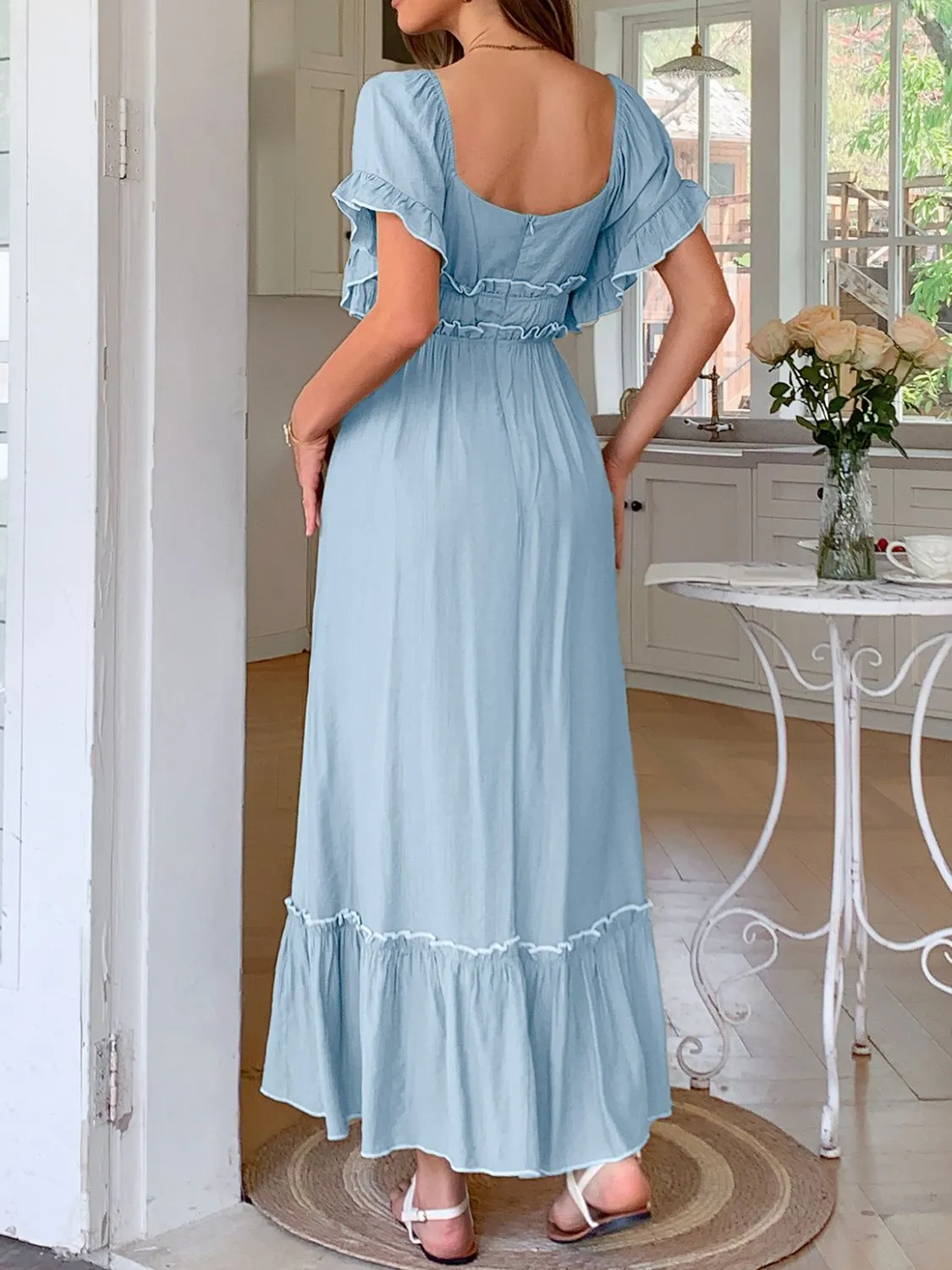 Square Neck Puff Sleeve Ruffle Trim Maxi Dress - Image 11