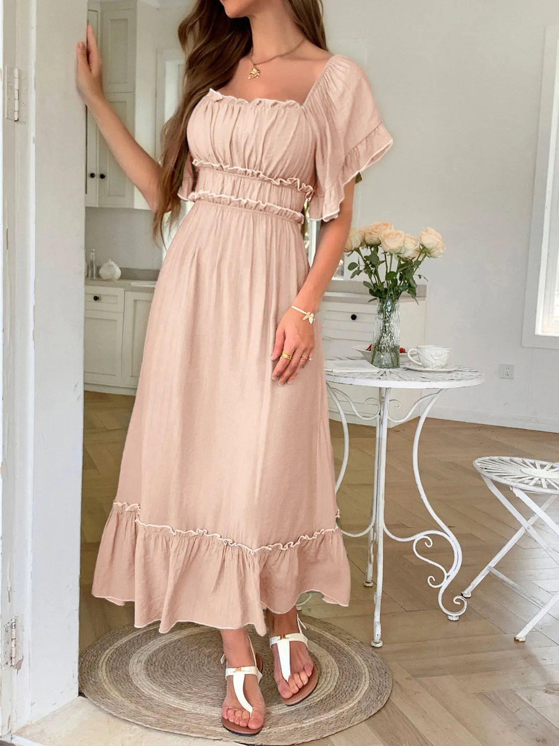 Square Neck Puff Sleeve Ruffle Trim Maxi Dress - Image 5