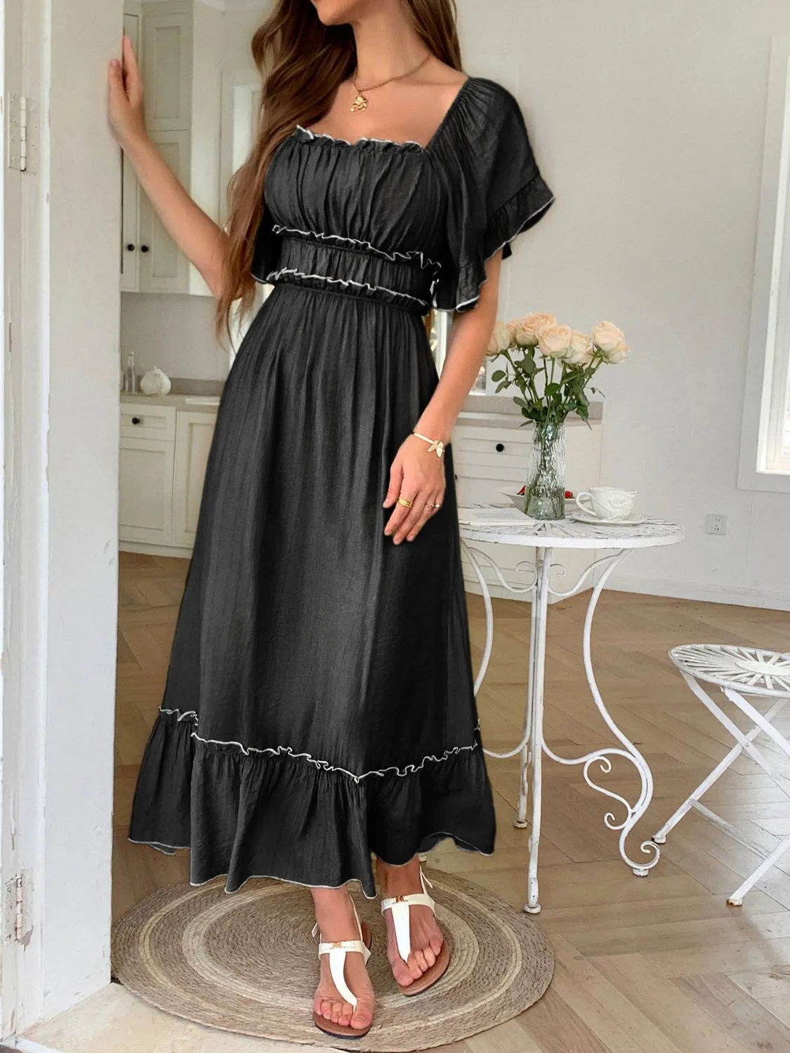 Square Neck Puff Sleeve Ruffle Trim Maxi Dress - Image 8