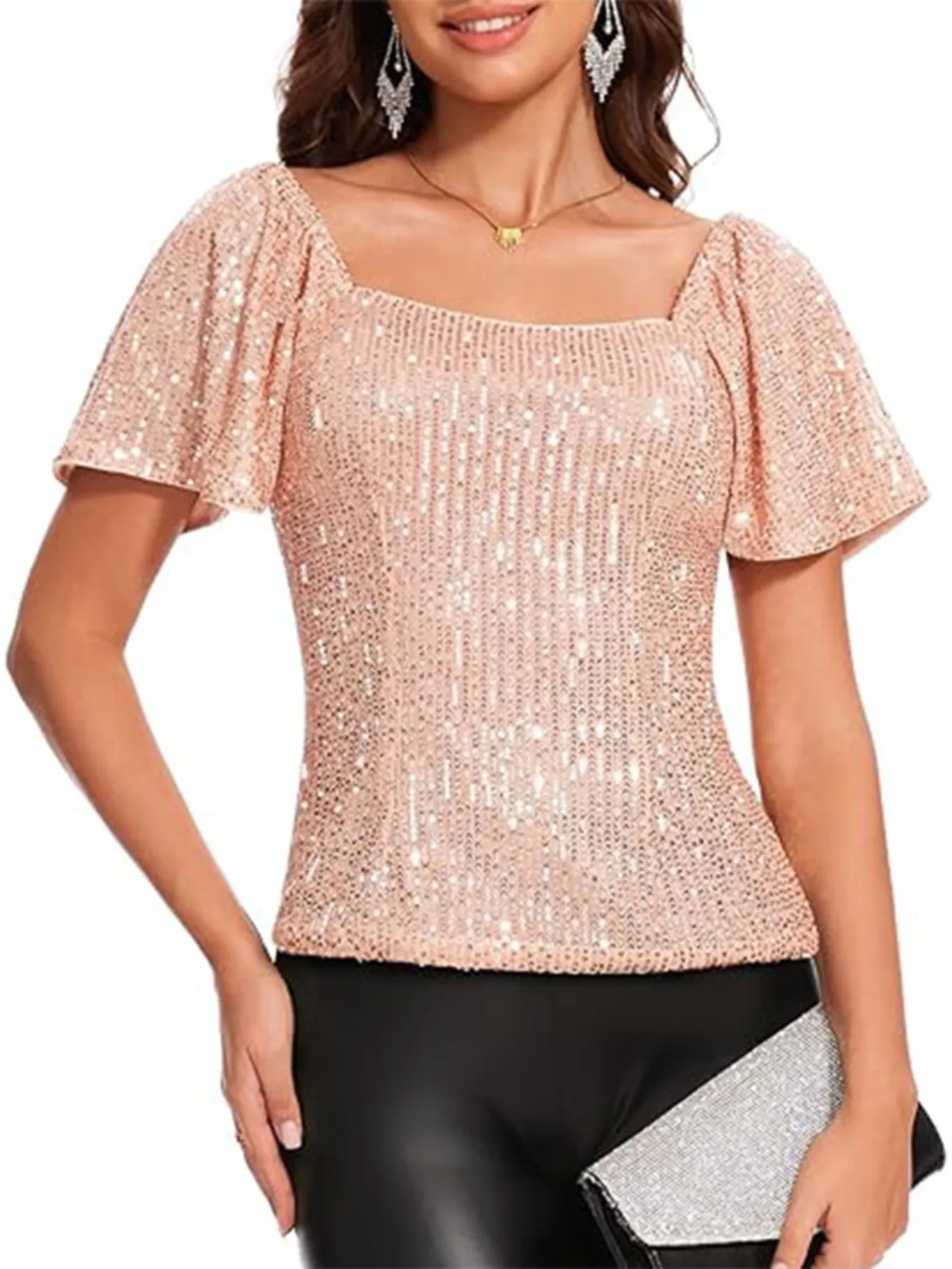 Square Neck Sequin Short Sleeve Blouse - Image 11